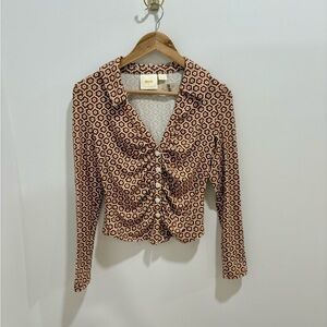 Anthropologie Brown and Cream Geometric Ruched Button-Down Top NWT medium